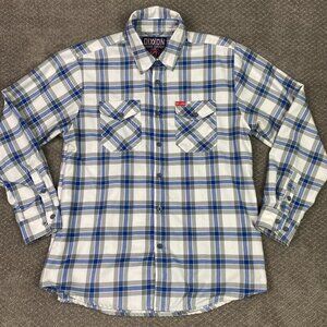 Dixxon Flannel Shirt Men's Large White Gray Blue Plaid Rinser Adam's Polishes